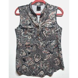 VTG J.T.B. Paisley Top Sz S Black pink beige Sleeveless stretch knit high neck